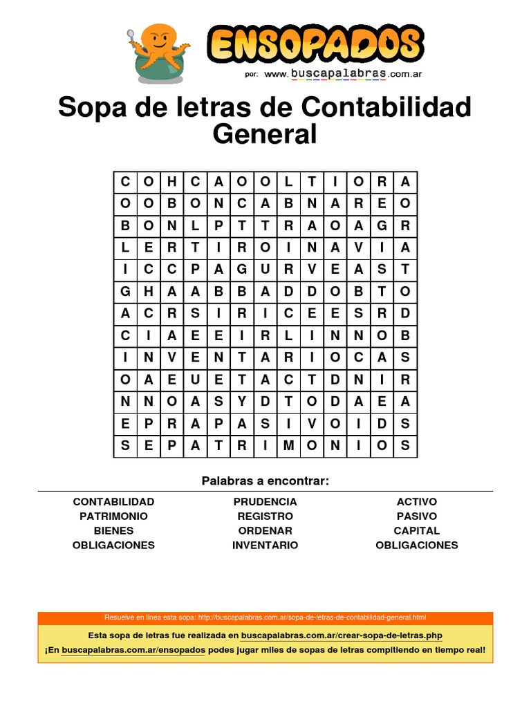 Sopa de letras de Contabilidad General: Palabras a encontrar