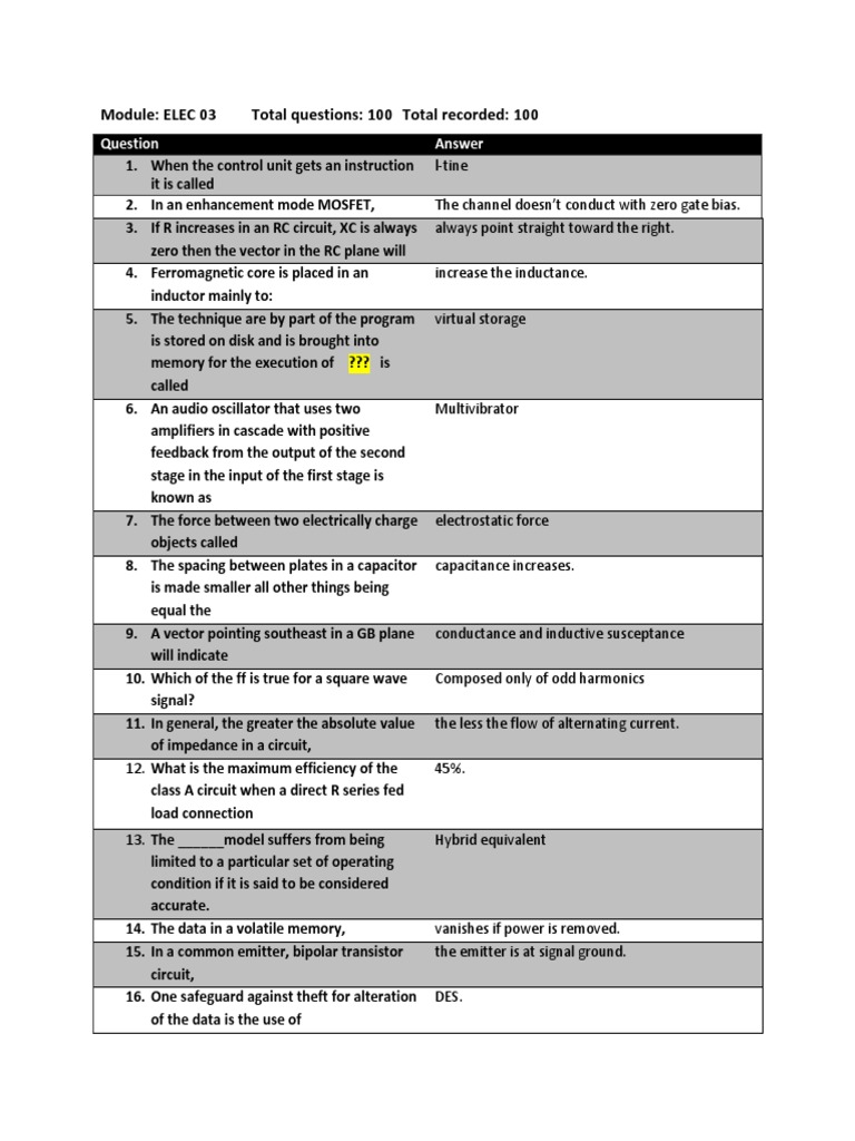 Electrical Engineering Quiz Questions | PDF | Amplifier | Capacitor