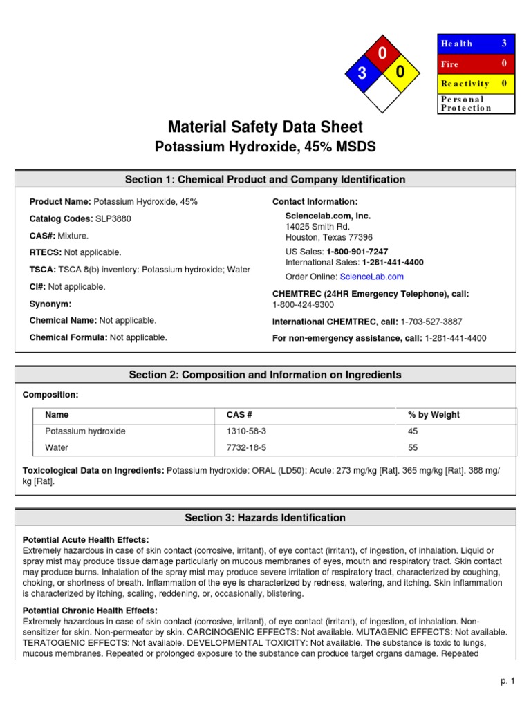 Potassium Hydroxide, 45 MSDS Section 1 Chemical Product and Company