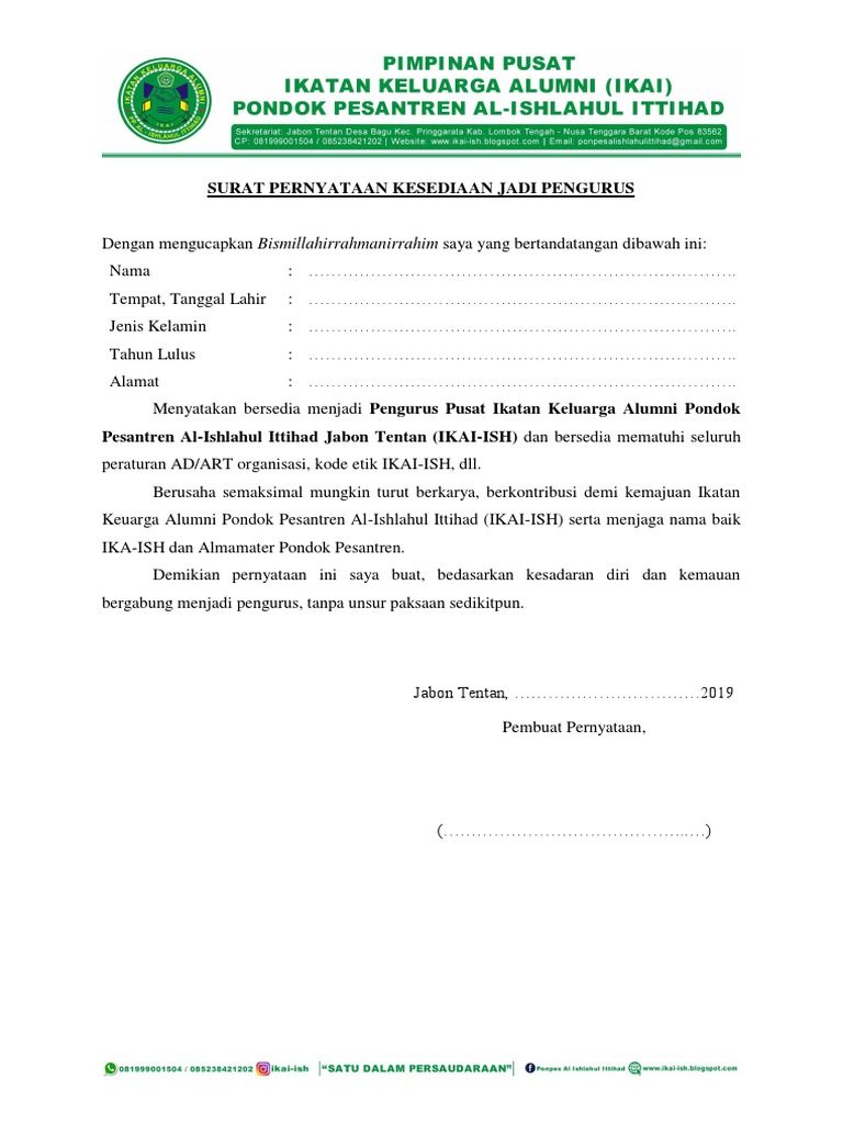 Surat Pernyataan Kesediaan Jadi Pengurus | PDF