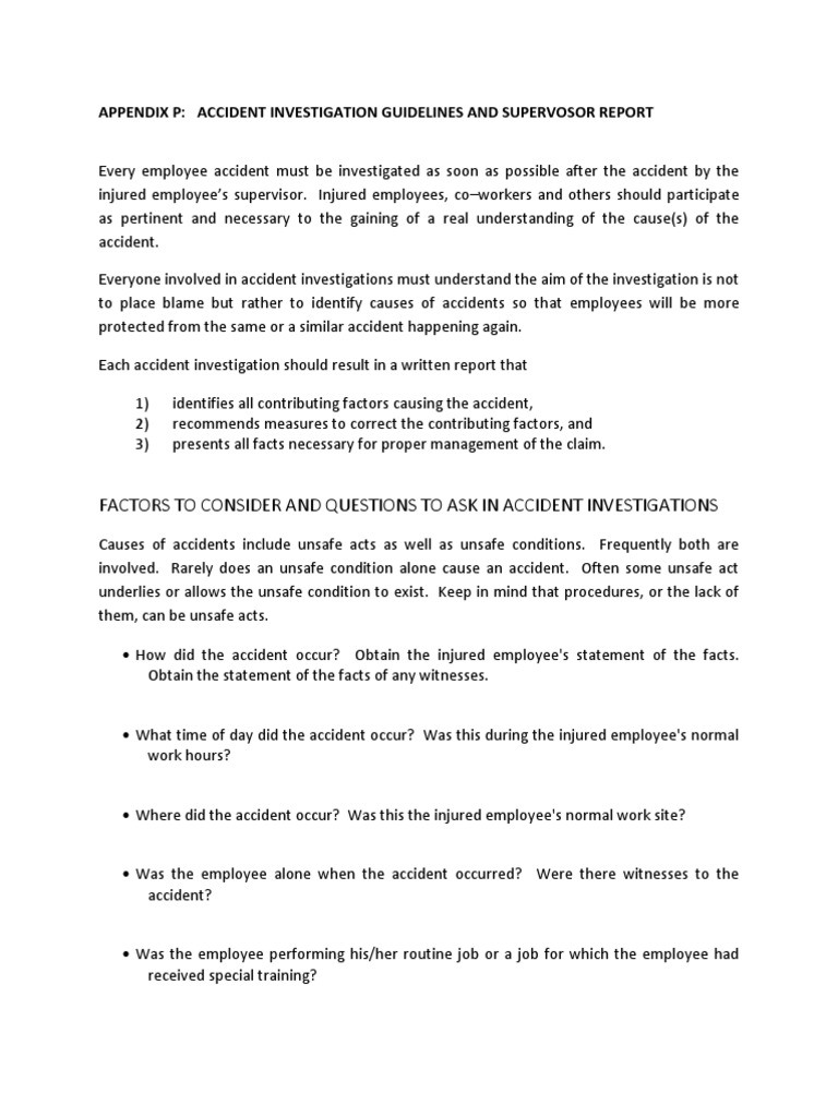Appendix P Accident Investigation Guidelines and Supervisors Report ...
