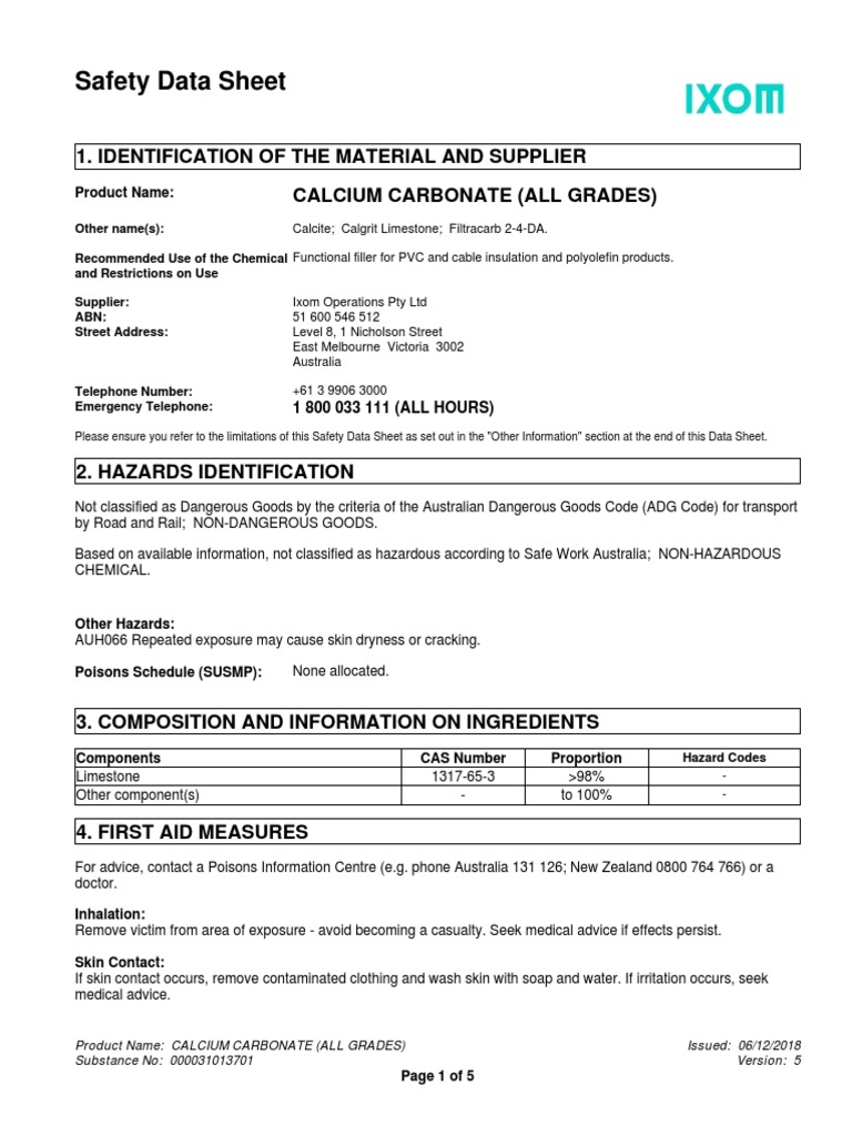 SDS Calcium Carbonate PDF Dangerous Goods Personal Protective