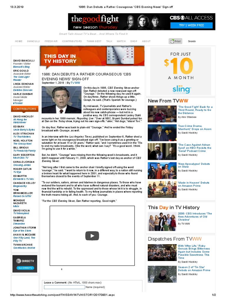 1986 - Dan Debuts A Rather Courageous 'CBS Evening News' Sign-Off | PDF ...