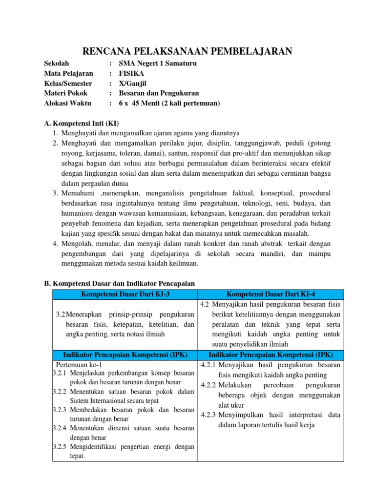 Rpp Kd 3 1 Besaran Dan Pengukuran