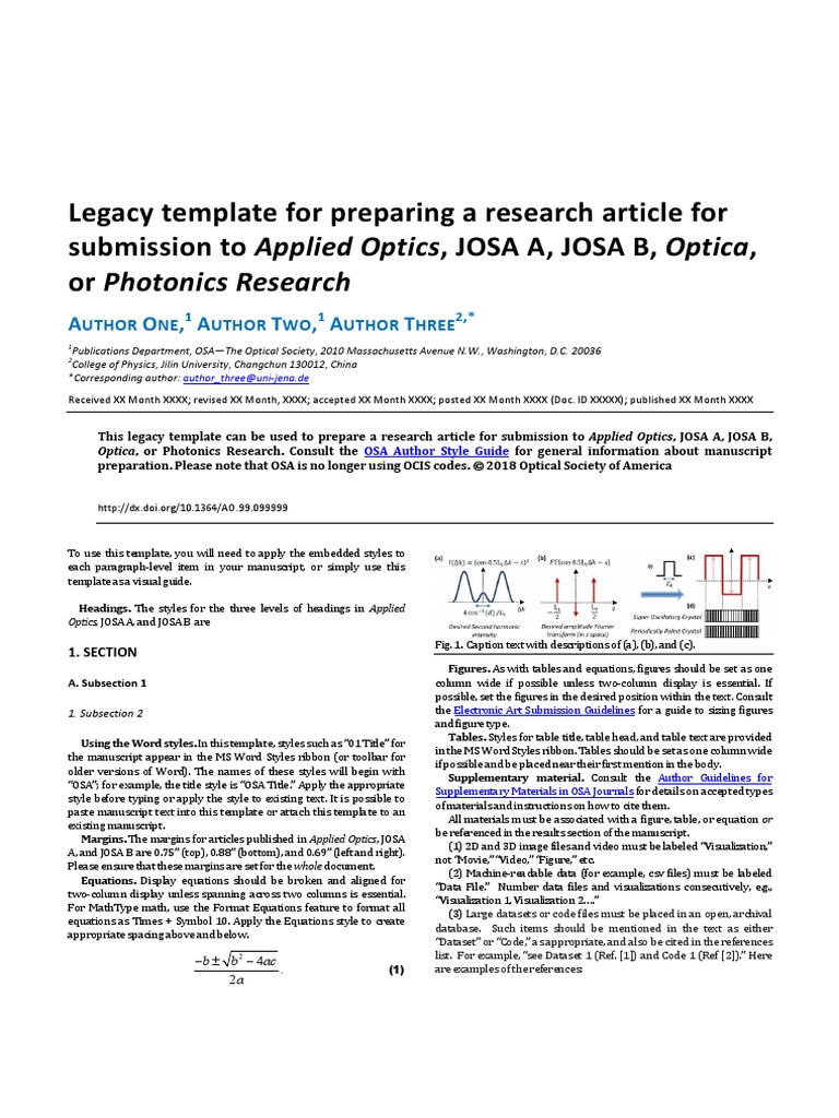 Legacy Template For Preparing A Research Article For Submission To