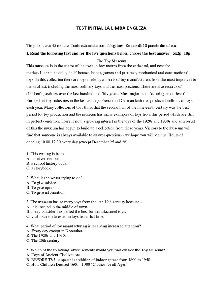 Test Clasa A 9 A Toys Museum