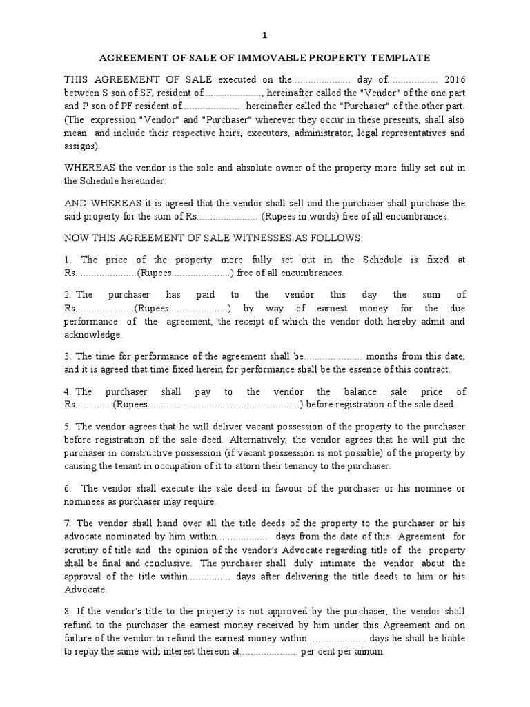 6template For An Agreement of Sale of Immovable Property PDF Deed