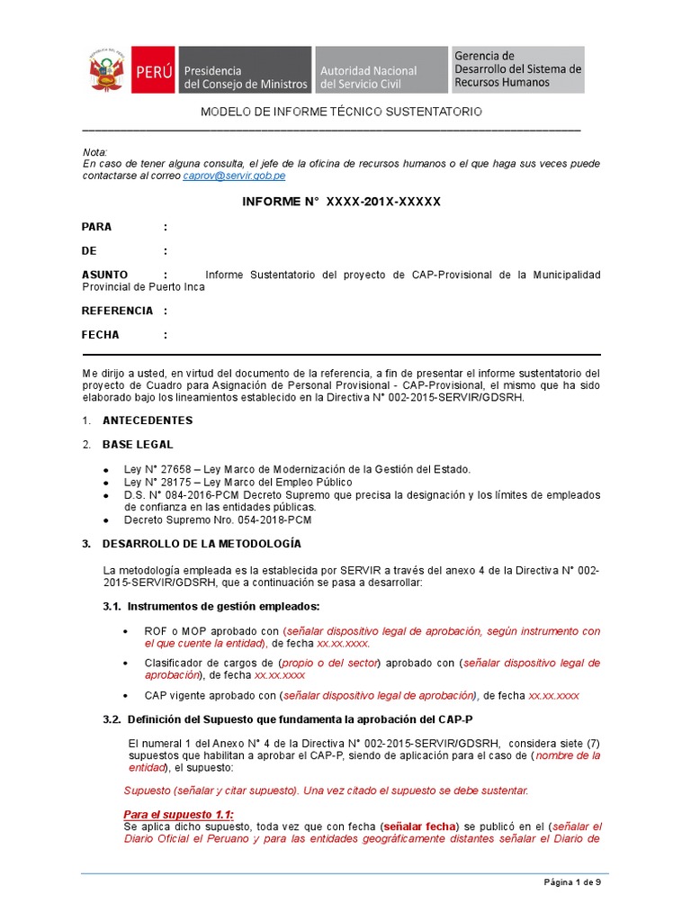 Modelo de Informe Del CapProvisional GDSRH PDF Servicio Civil