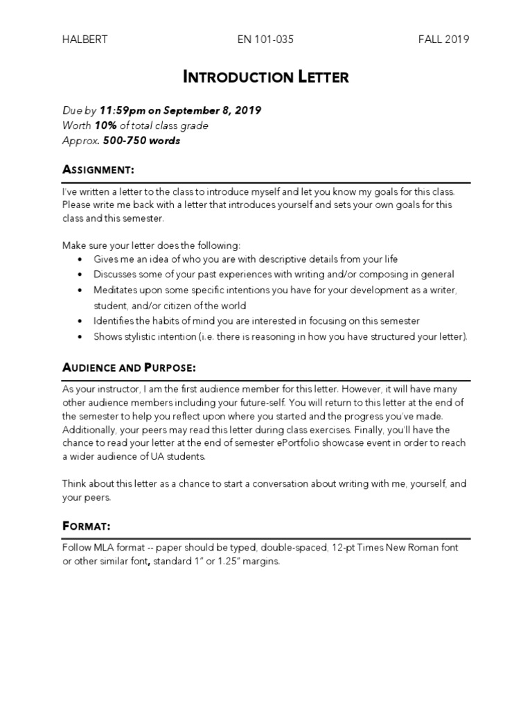 Intro Letter Assignment 101 | PDF