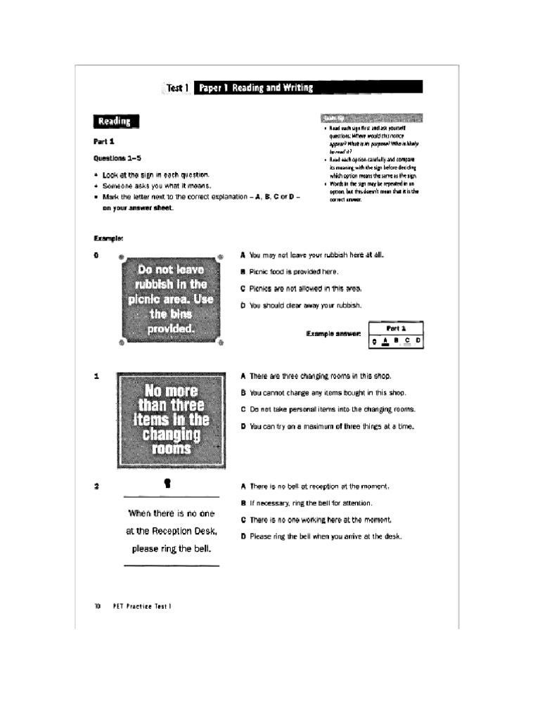 PET Reading and Writing Practice Test PDF