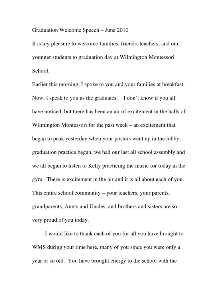 Graduation Welcome Speech 2010 Pdf Montessori Education