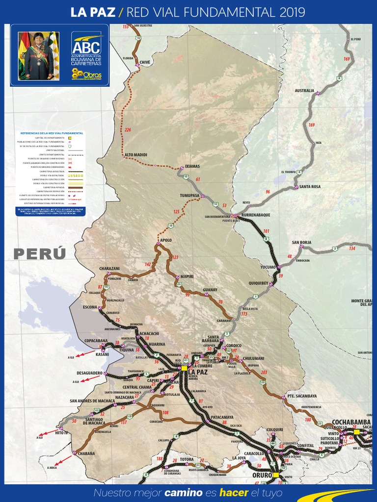 Mapa de la red vial fundamental de Bolivia que muestra las principales ...