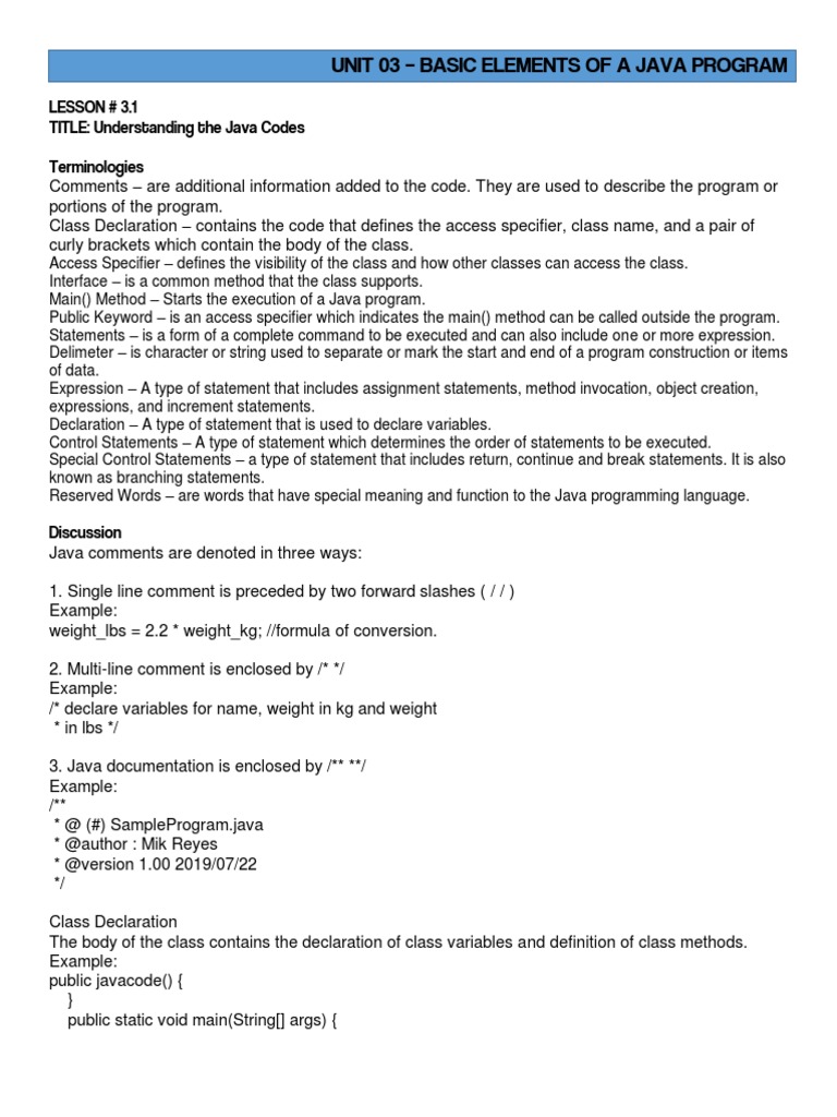 Unit 03 - Understanding Java Codes PDF | PDF | Class (Computer ...