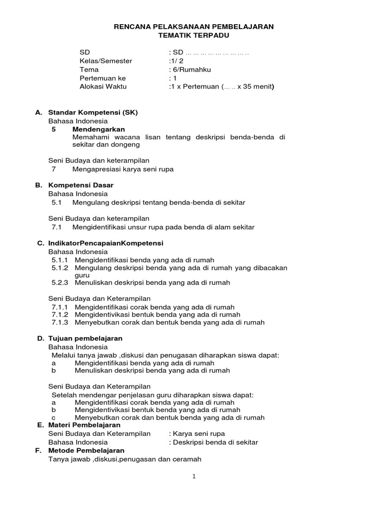 RPP Kelas 1 Semester 2 Tema 6 | PDF