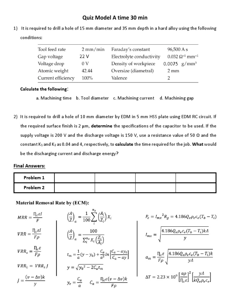 Quiz Model A Time 30 Min PDF Machining Chemistry
