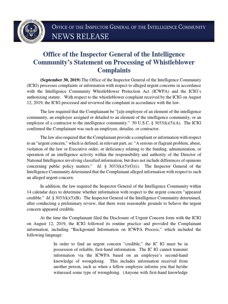 ICIG Statement on Processing of Whistleblower Complaints ...