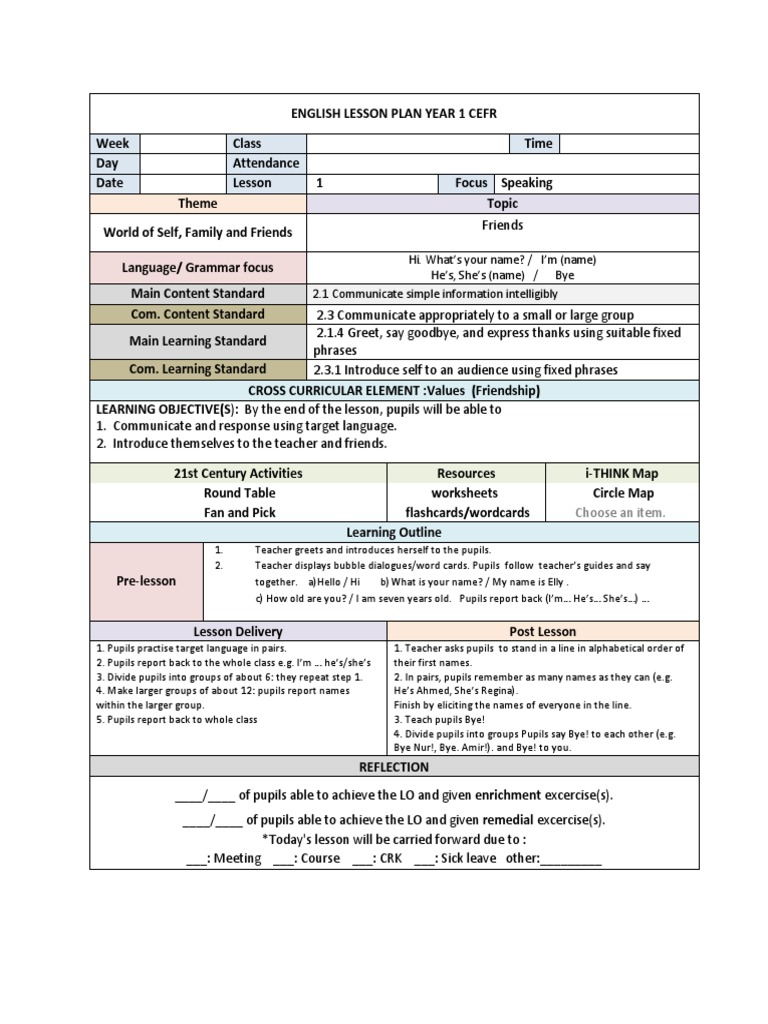 Year 1 CEFR English Lesson Plans | PDF | Word | Lesson Plan