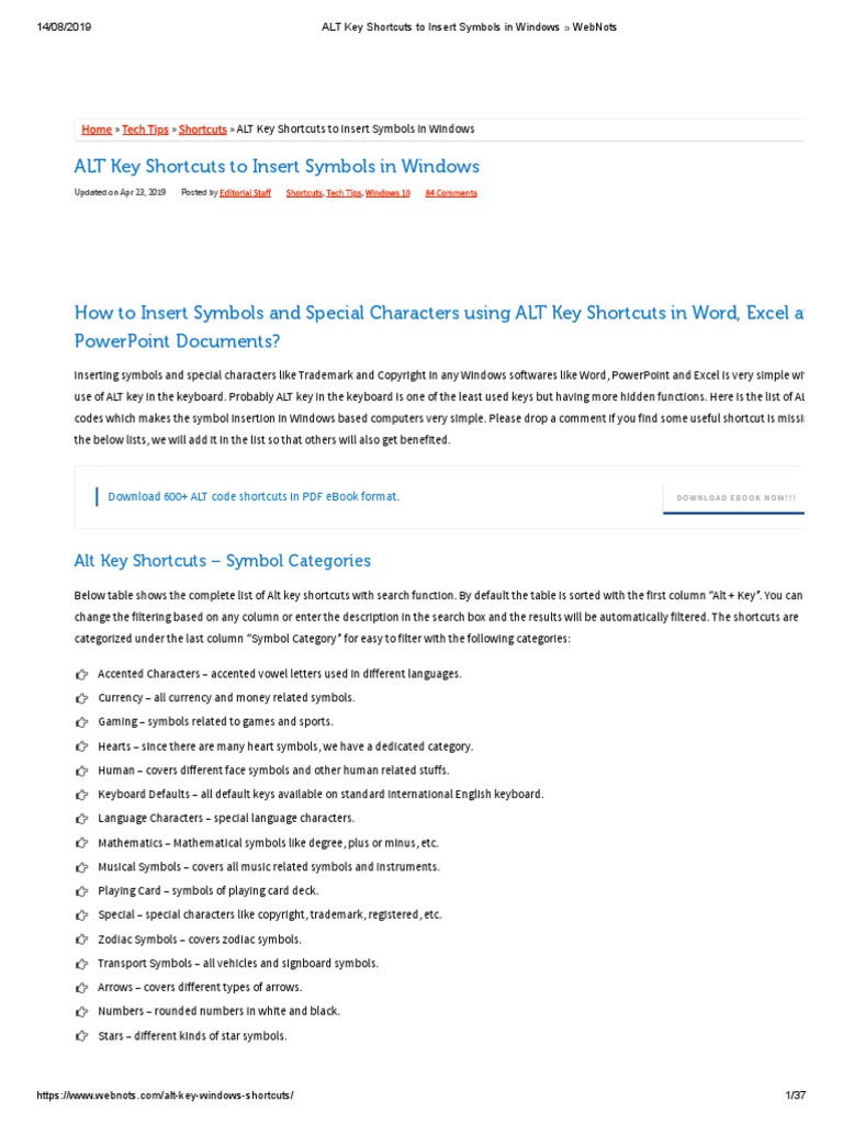 5676376ALT Key Shortcuts To Insert Symbols in Windows WebNots PDF | PDF ...