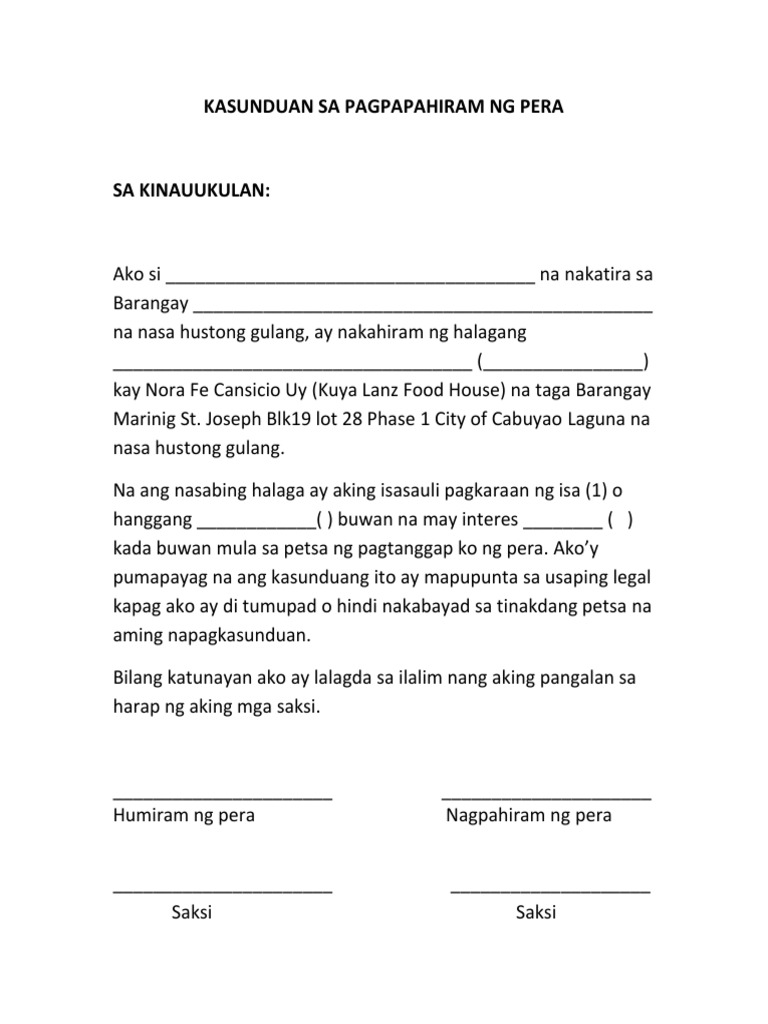Kasunduan Sa Barangay Format / Tagalog Kasunduan Promissory Note Sample