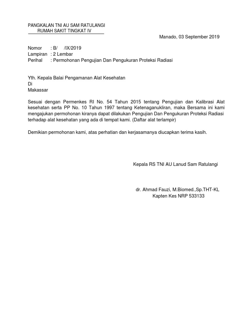 Surat Permohonan Uji Alat Radiologi 2 | PDF