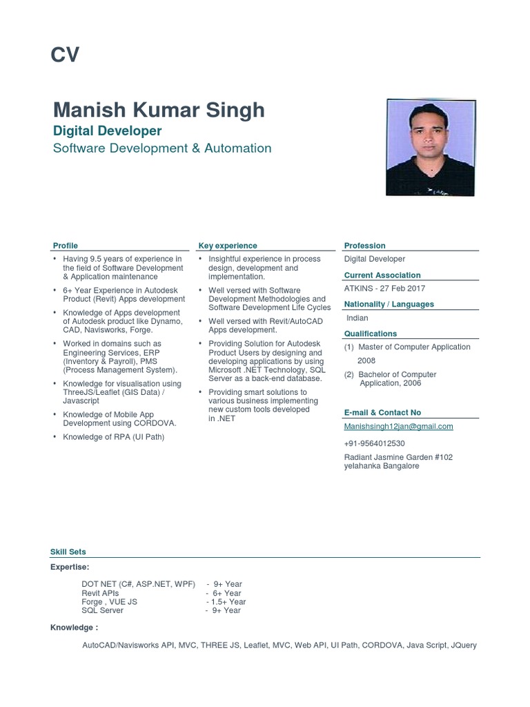 Manish Sing CV | PDF | Autodesk Revit | Software Development