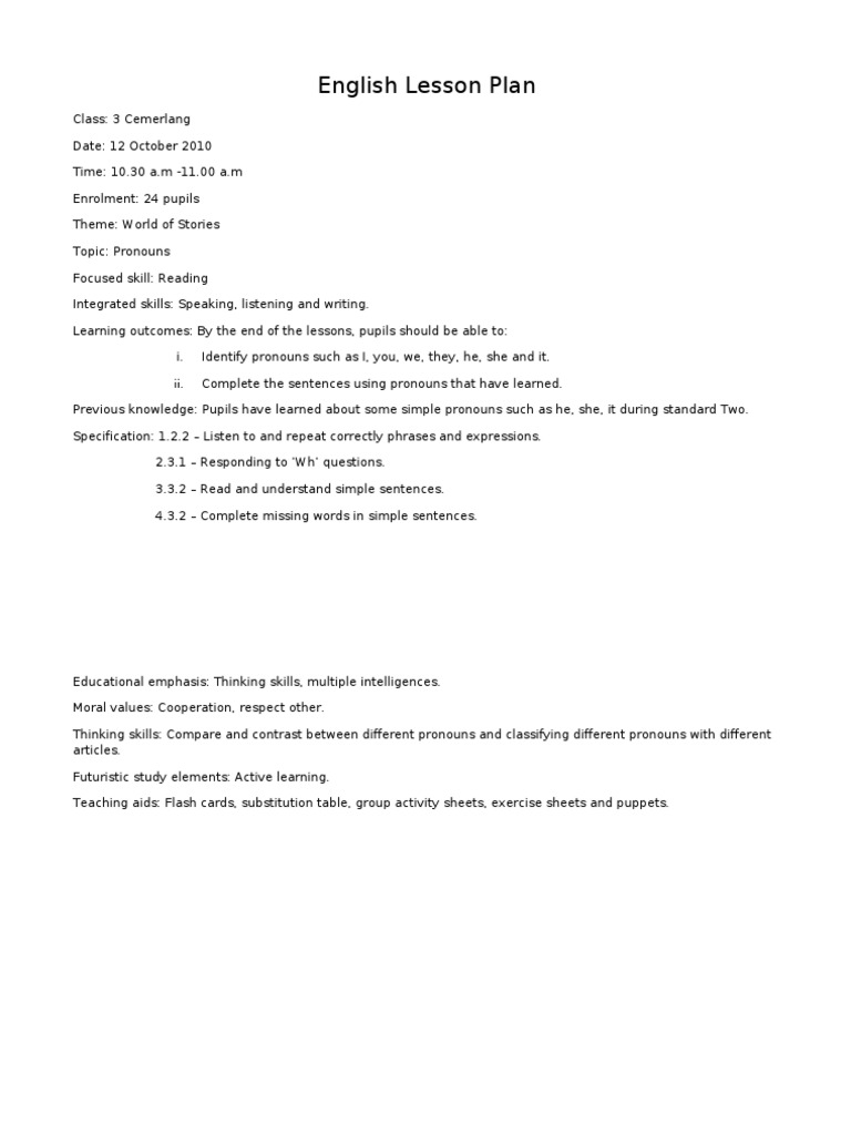 Pronouns Lesson Plan for Grade 3 | PDF | English Language | Lesson Plan