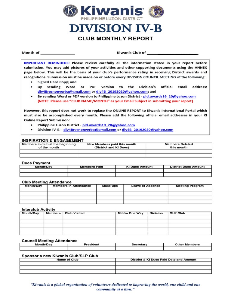 Kiwanis Club Monthly Reporting Guide | PDF | Business