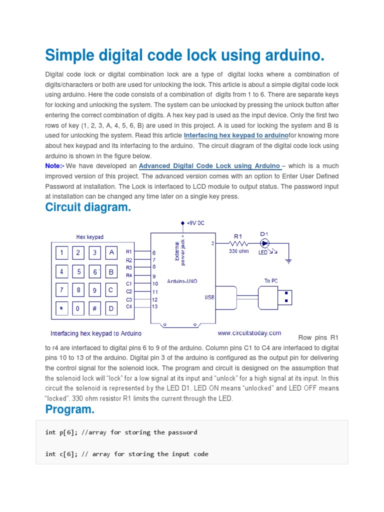 Simple Digital Code Lock Using Arduino.: Circuit Diagram | PDF ...