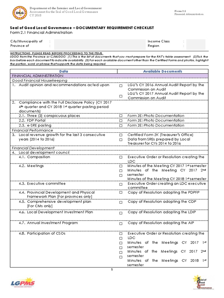 Form 2.1 Financial Administration: Seal of Good Local Governance ...