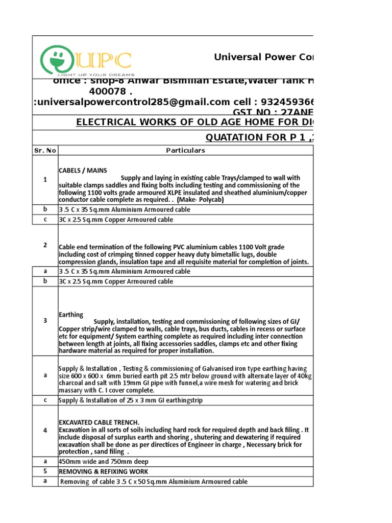 Quotation for Electrical Works including Cable Laying, Earthing and