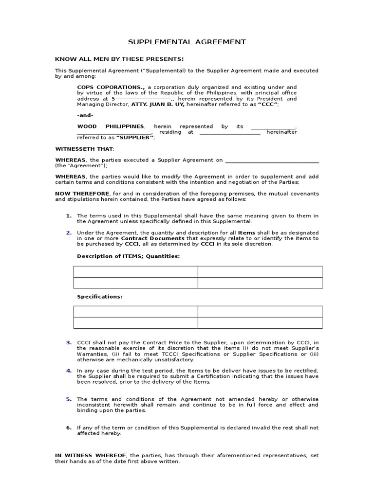 Supplemental Agreement Template | PDF | Civil Law (Legal System ...