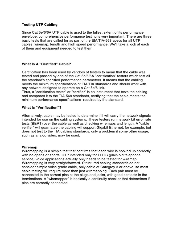 UTP Cabling Testing Standards Explained | PDF | Coaxial Cable ...