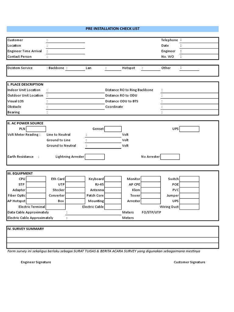 Pre Installation Check List: I. Place Description | PDF ...