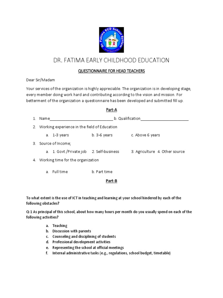 Assessing Head Teachers' Perspectives A Questionnaire on Early