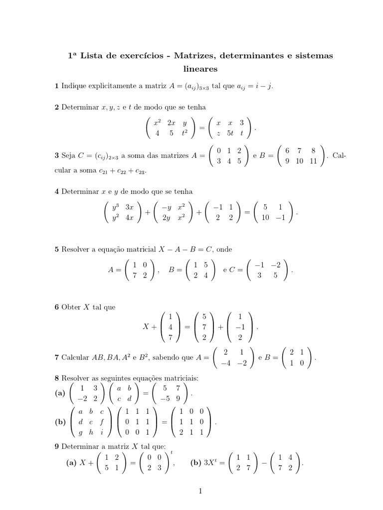 1 Lista De Exerc cios Matrizes Determinantes E Sistemas Lineares