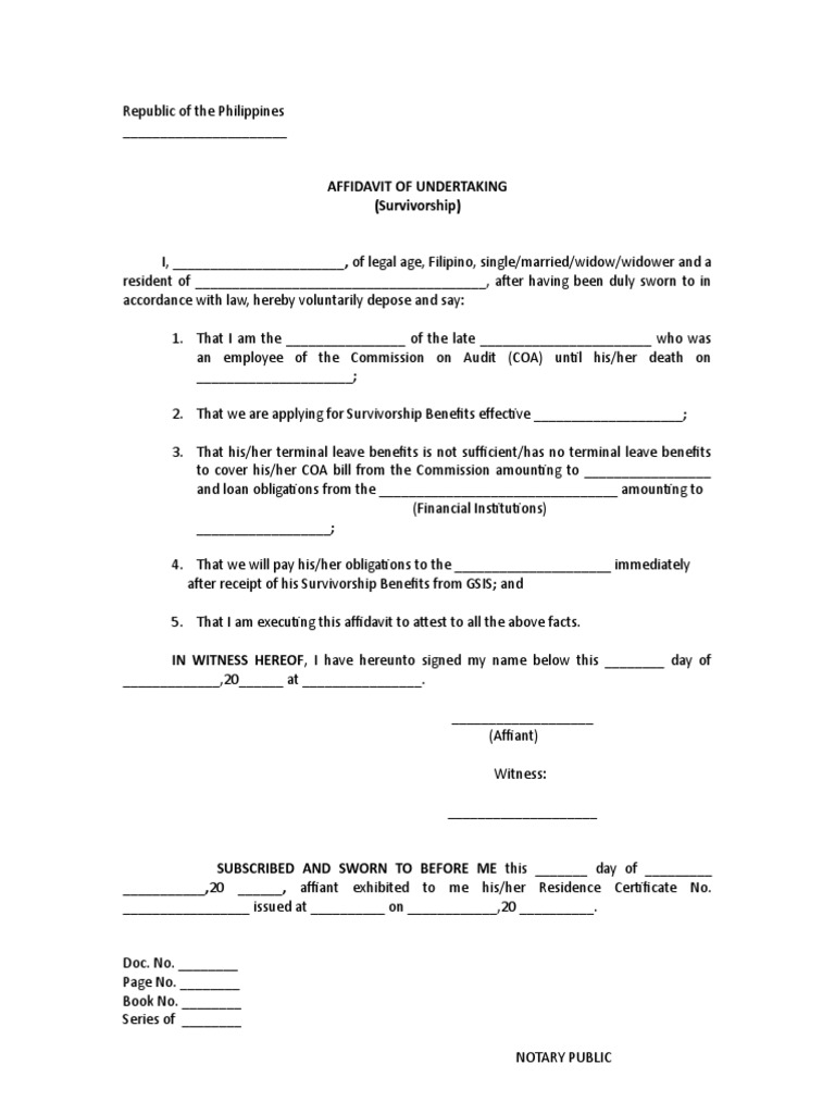 Affidavit of Undertaking for Survivorship | PDF