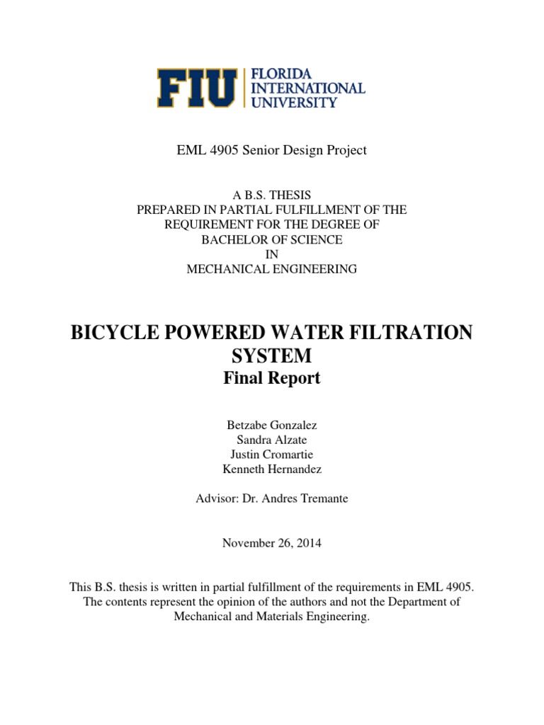 Bicycle Powered Water Filtration PDF PDF Filtration Drinking Water