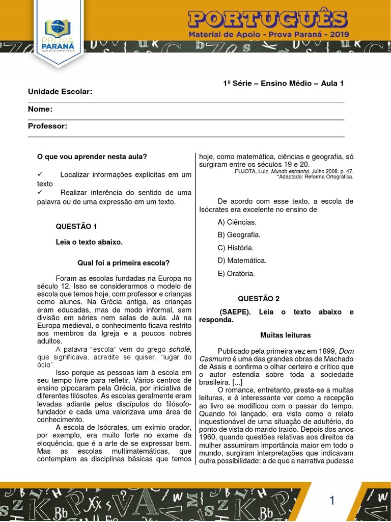 Aula 1 Portugues 1 Serie VersaoAluno 2 PDF | PDF | Escolas | Milho