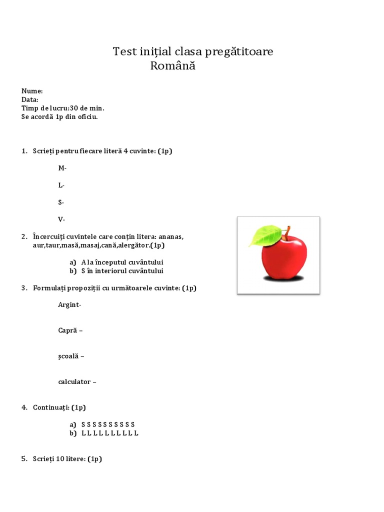 Test Initial Clasa Pregatitoare | PDF
