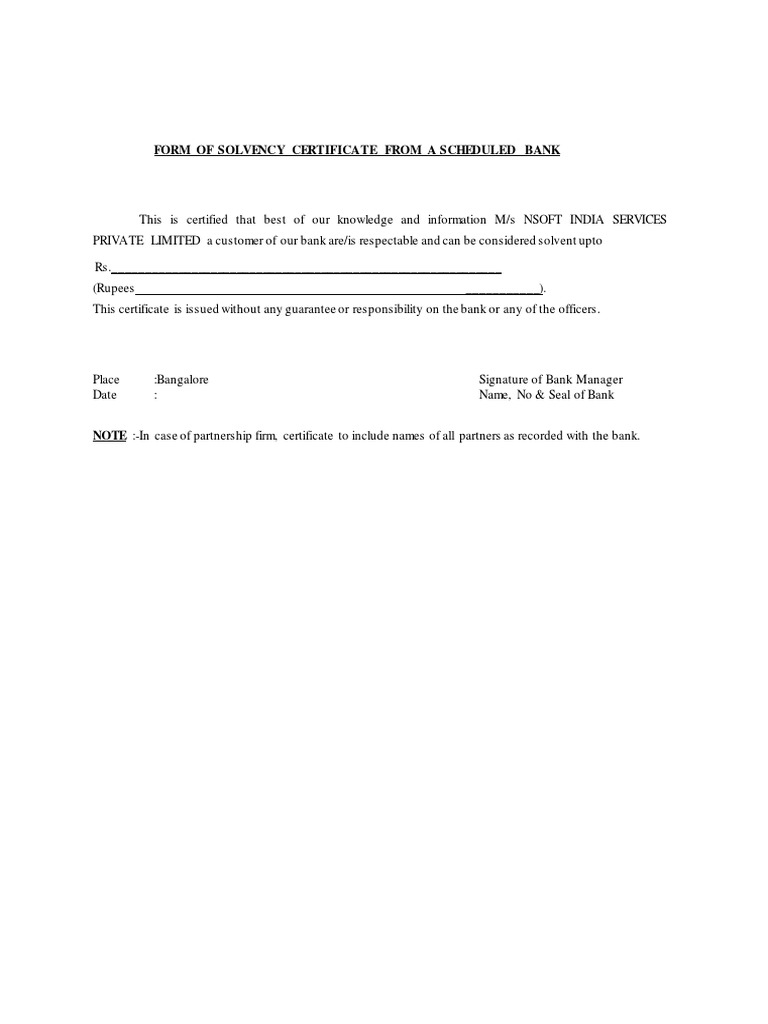 Form of Solvency Certificate From A Scheduled Bank | PDF
