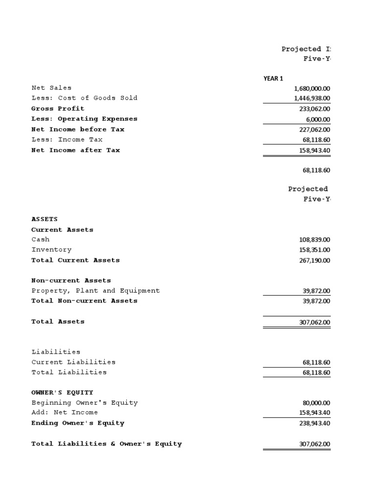 Net Sales Less Cost of Goods Sold Projected Statement Five