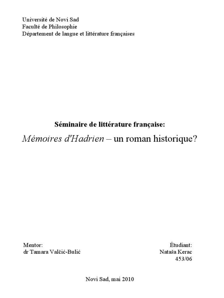 Memoires D Hadrien Un Roman Historique Memoires Romans