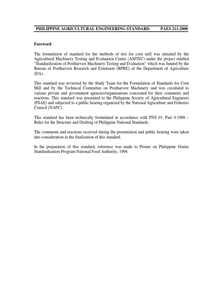 Paes 211 Corn Mill Methods of Test PDF Maize Specification