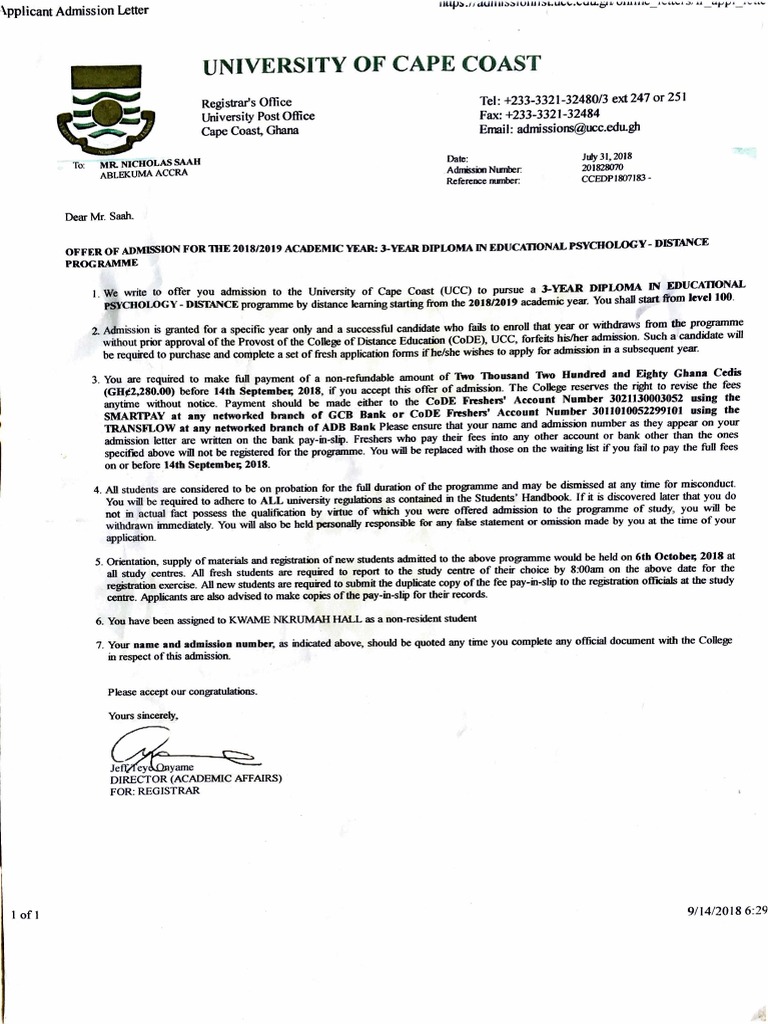 Ucc Admission Letter | PDF | Academia | Business
