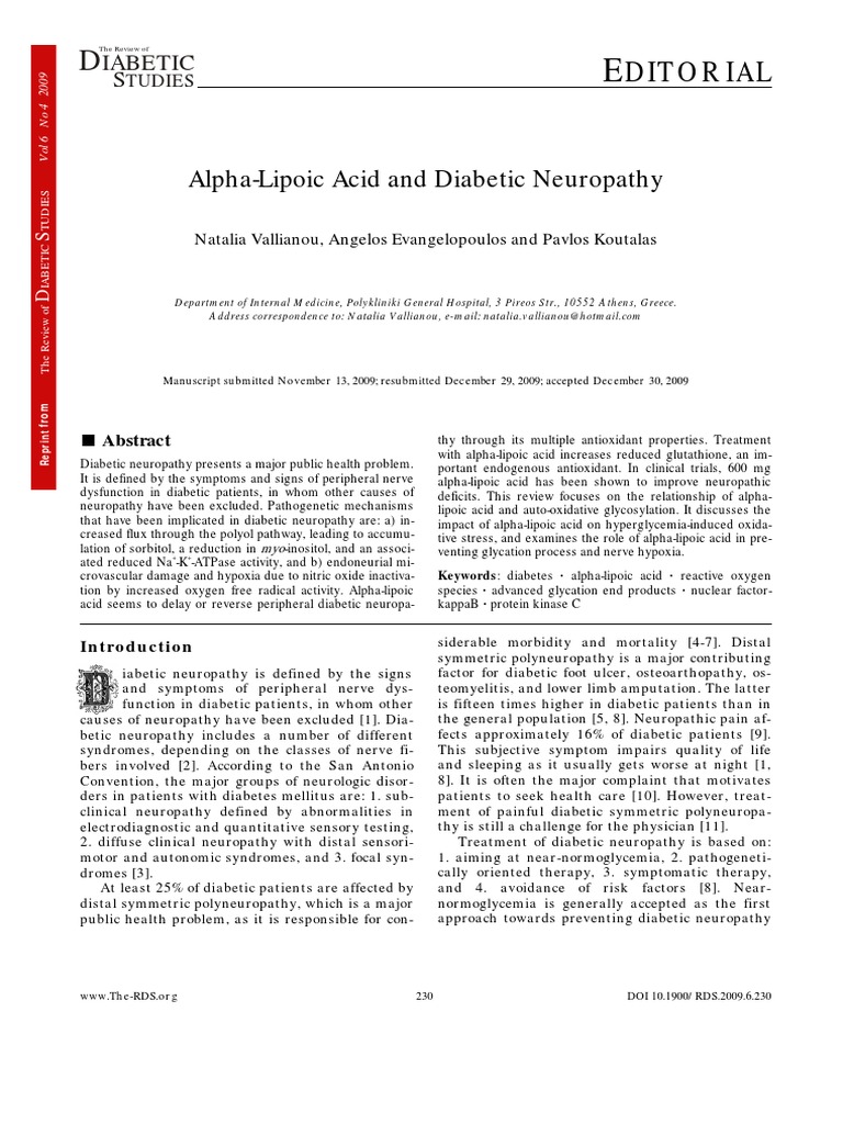 AlphaLipoic Acid and Diabetic Neuropathy PDF Peripheral Neuropathy