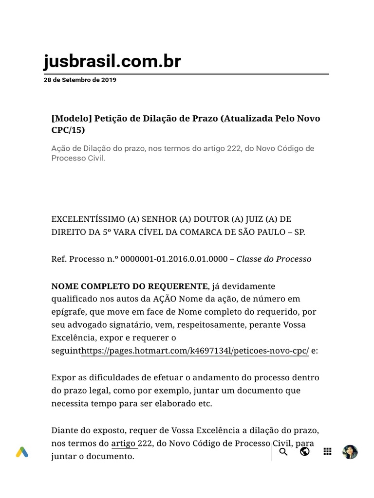 (Modelo) Petição de Dilação de Prazo (Atualizada Pelo Novo CPC - 15) | PDF
