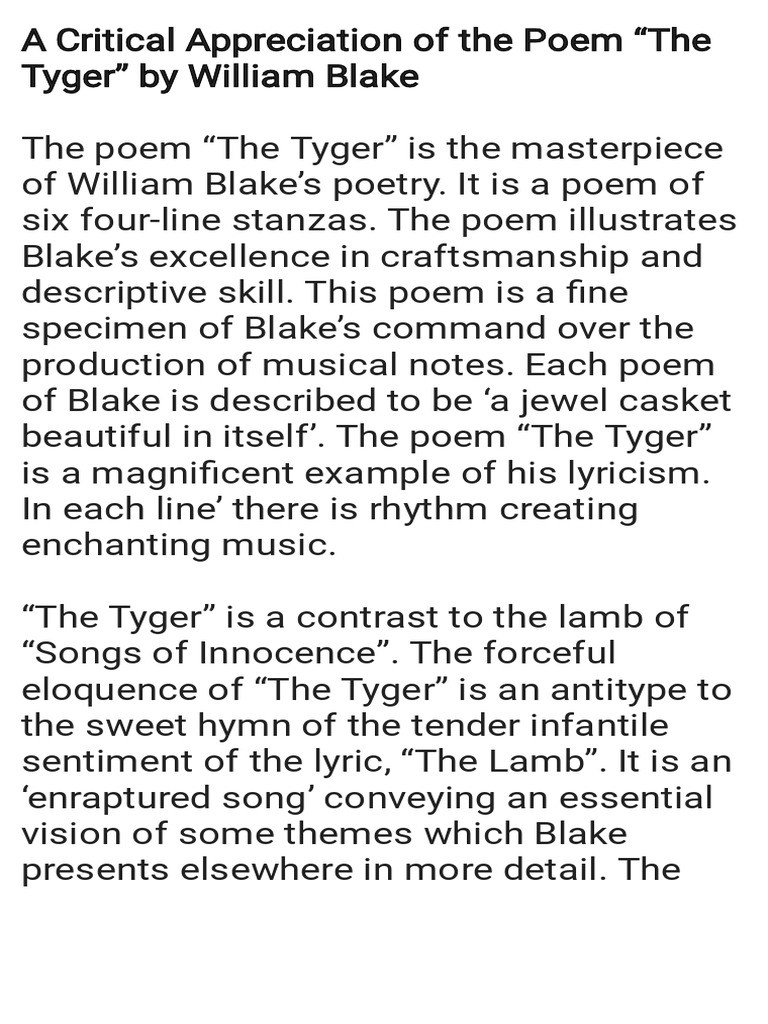 Critical Appreciation Of The Poem The Tyg Err Poetry