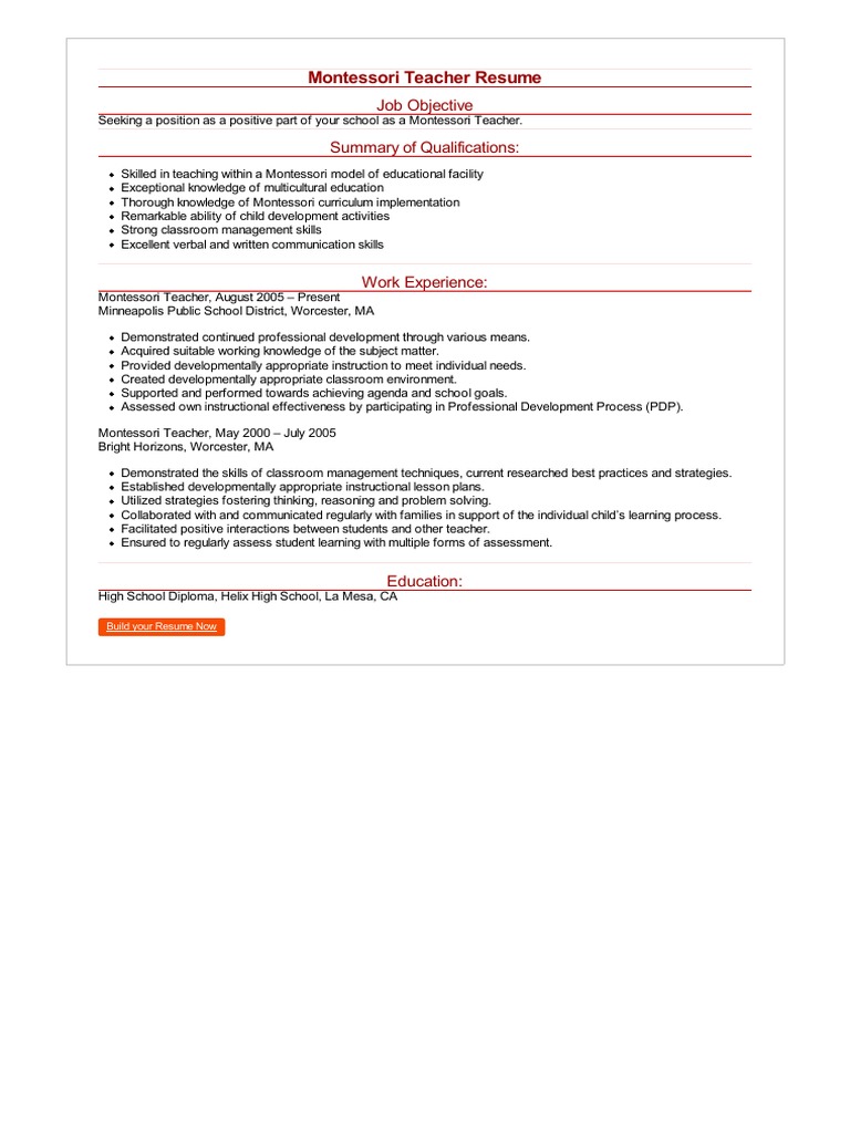 Montessori Teacher Resume Job - 1668975210