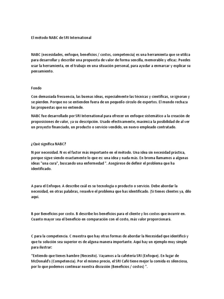 Método NABC: Propuestas de Valor Efectivas | PDF | Realimentación ...