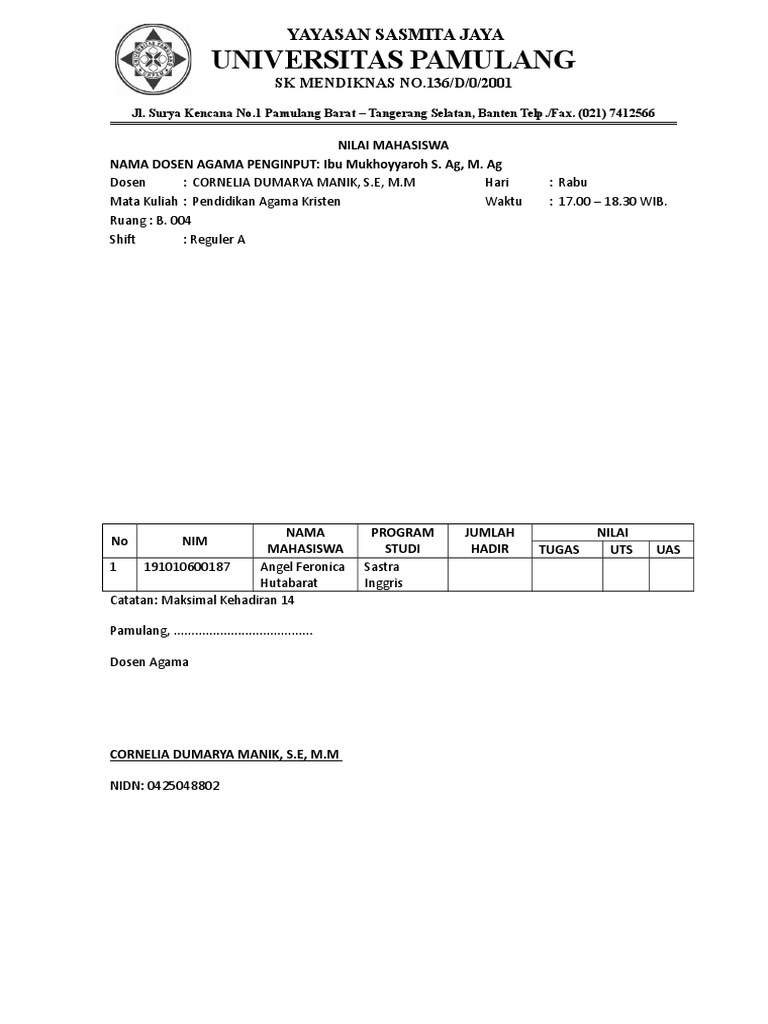 Form Nilai Agama Kristen Protestan Untuk Mahasiswa